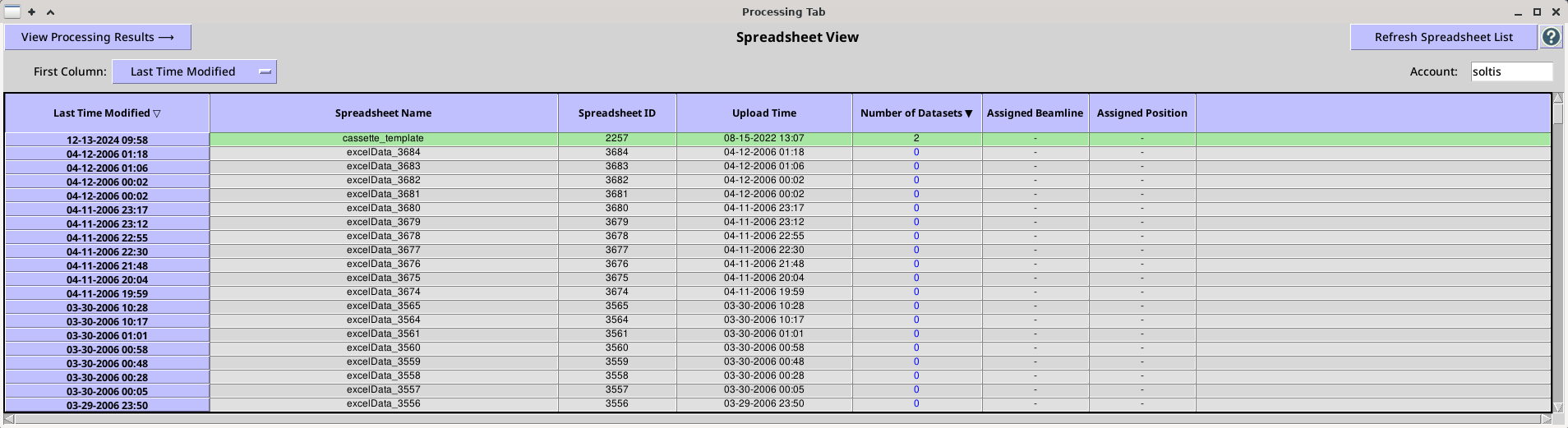 Processing Tab Spreadsheets View.